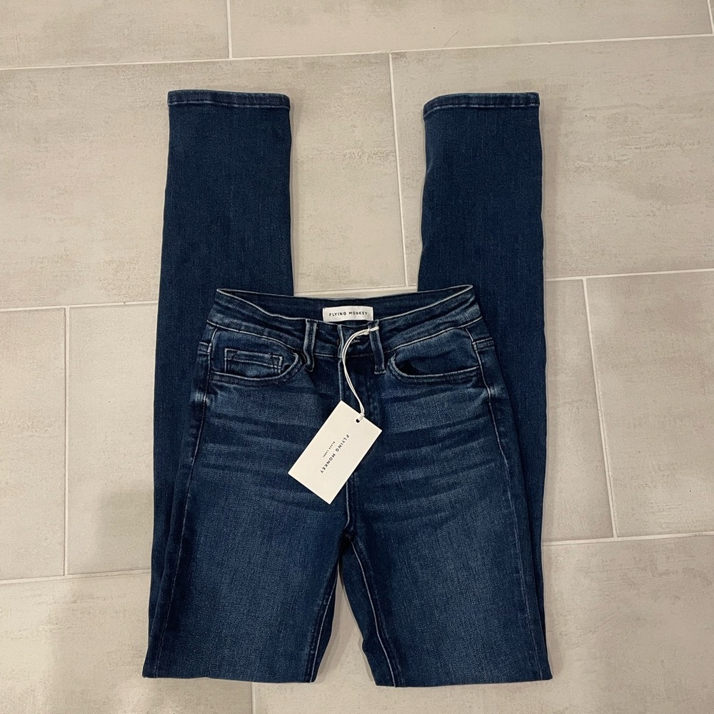 Brand new flying monkey dark blue skinny jeans with slit - Picture 4 of 5